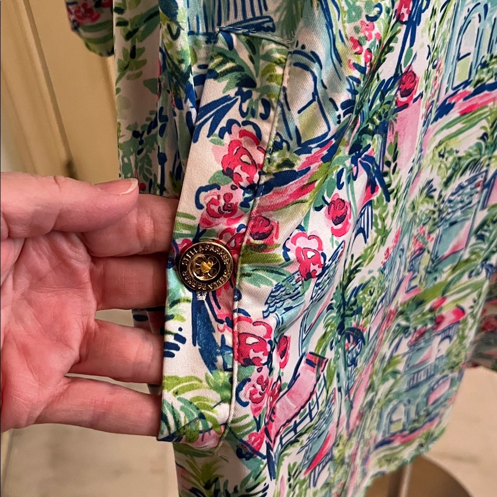 STELLA PARKER Cruise Summer Party Gold Buttons Stretch Tropical Print Sheath 3X - Picture 5 of 16